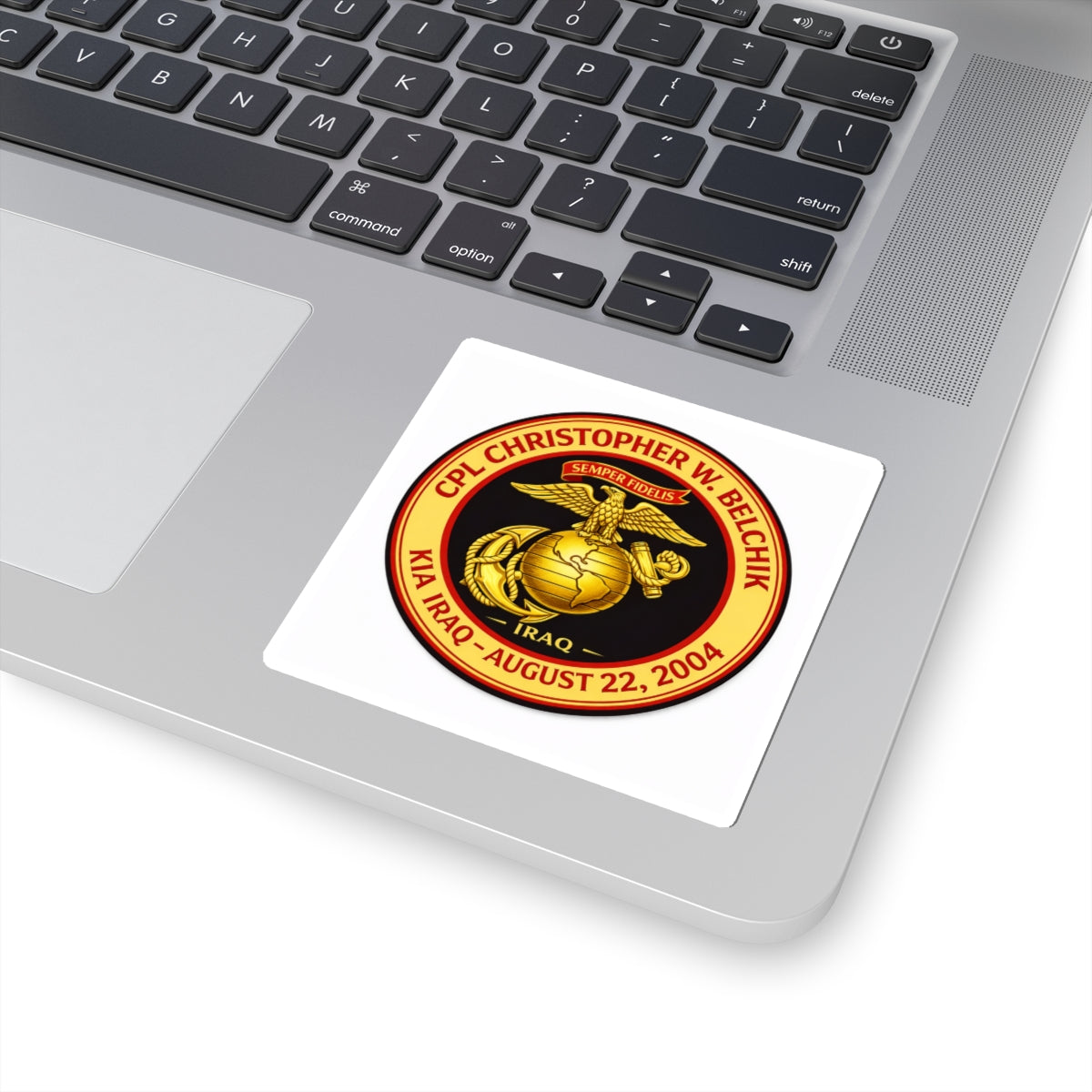 Kiss-Cut Sticker — Memorial USMC Emblem: CPL Christopher W. Belchik, KIA Iraq Aug 22, 2004