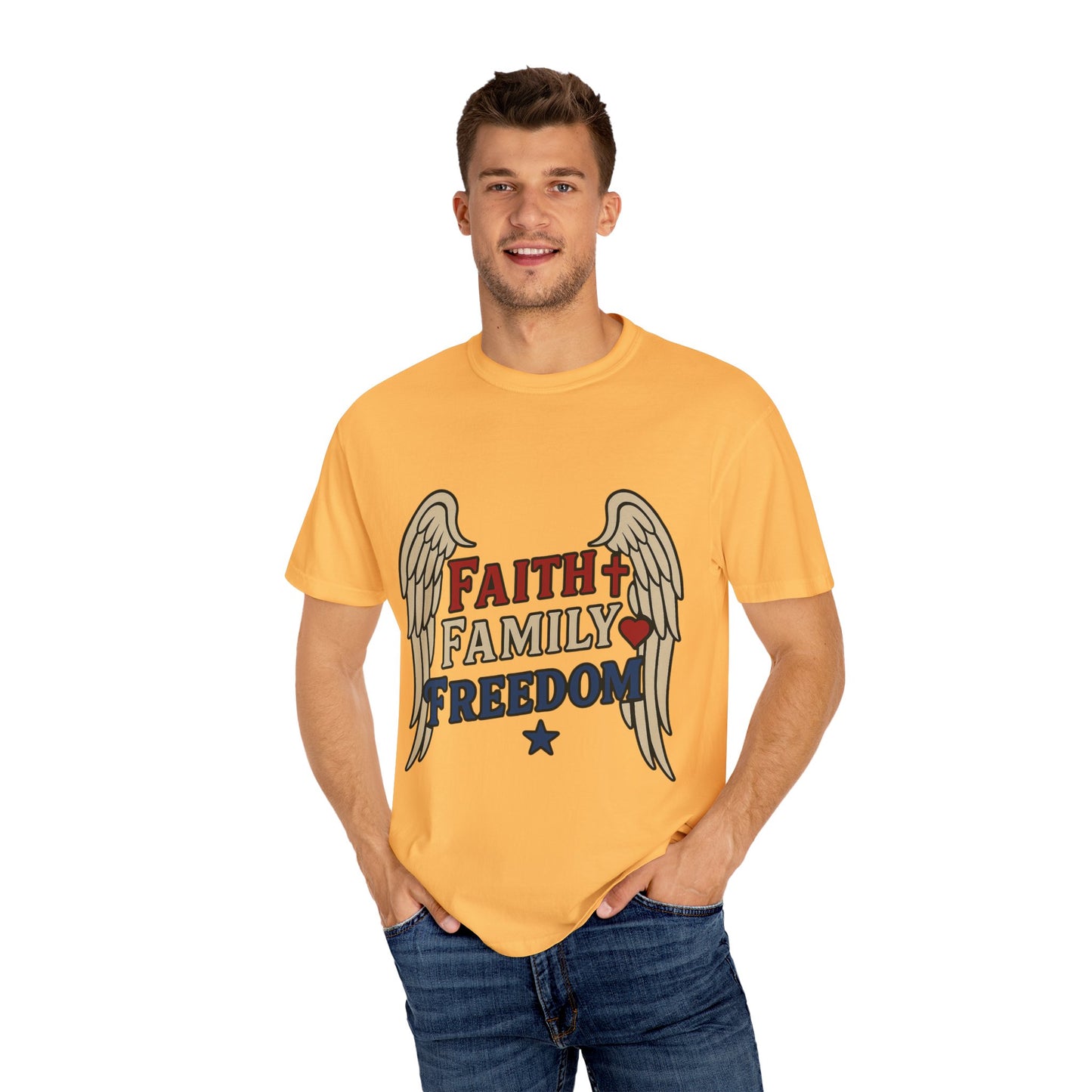 Faith Family Freedom Unisex T-Shirt | Garment-Dyed Tee for Celebrations, Casual Wear, Gift for Family, Freedom Lover, Everyday Style