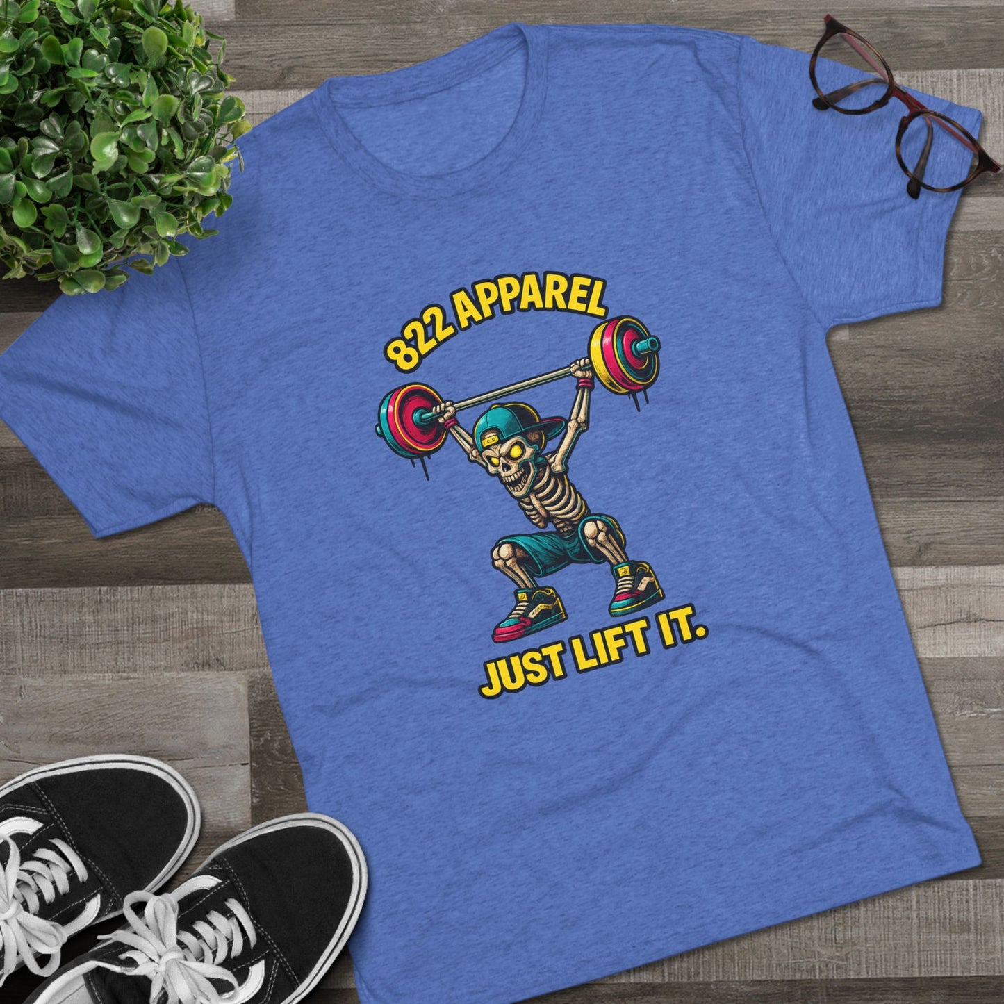 Weightlifting Skeleton T-Shirt — "822 Apparel" Just Lift It Gym Tee