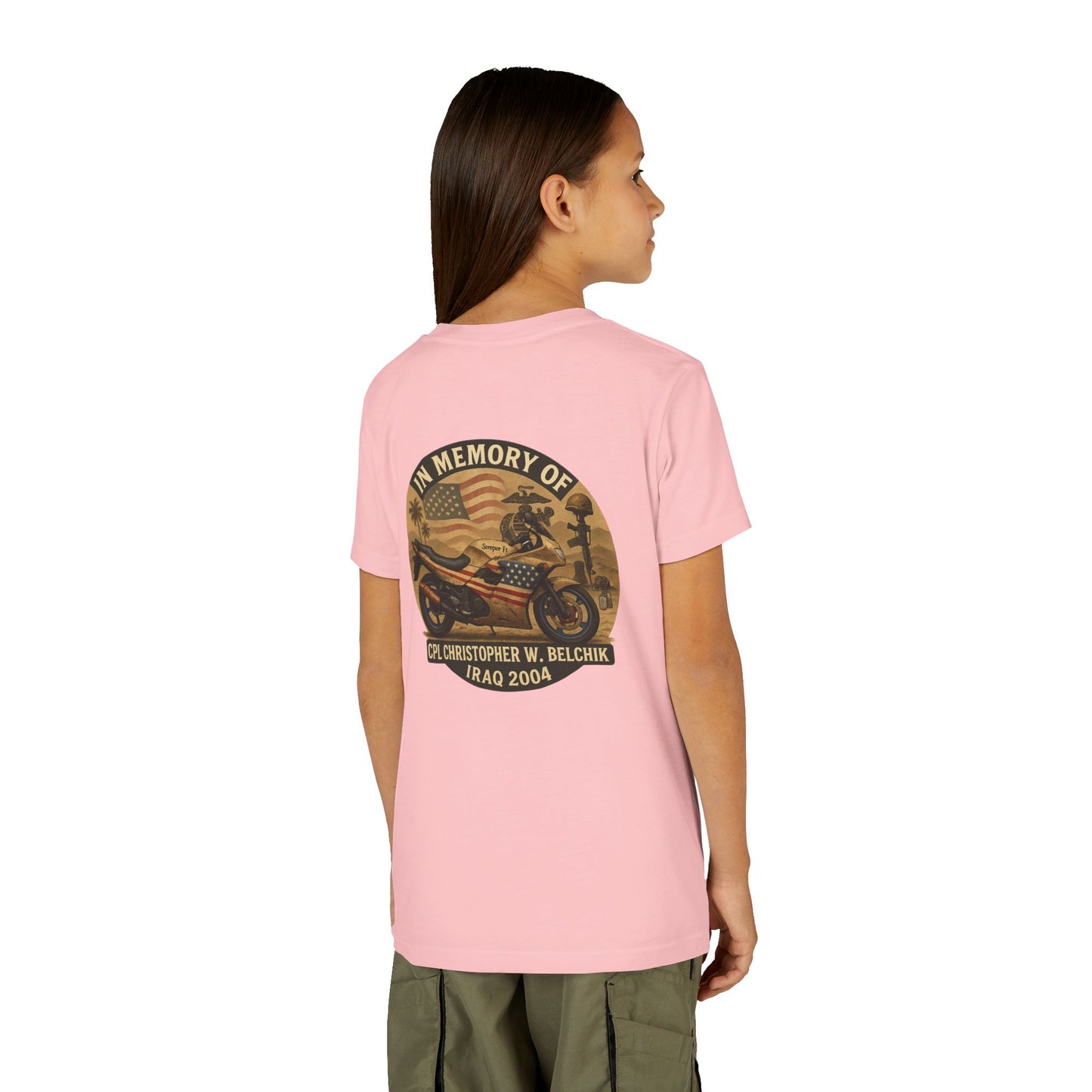 Cpl. Christopher W. Belchik Memorial Tribute Youth Tee, Black Graphic Shirt, Honor Veterans, Motorcycle Design, Gift for Kids, Perfect for Remembrance
