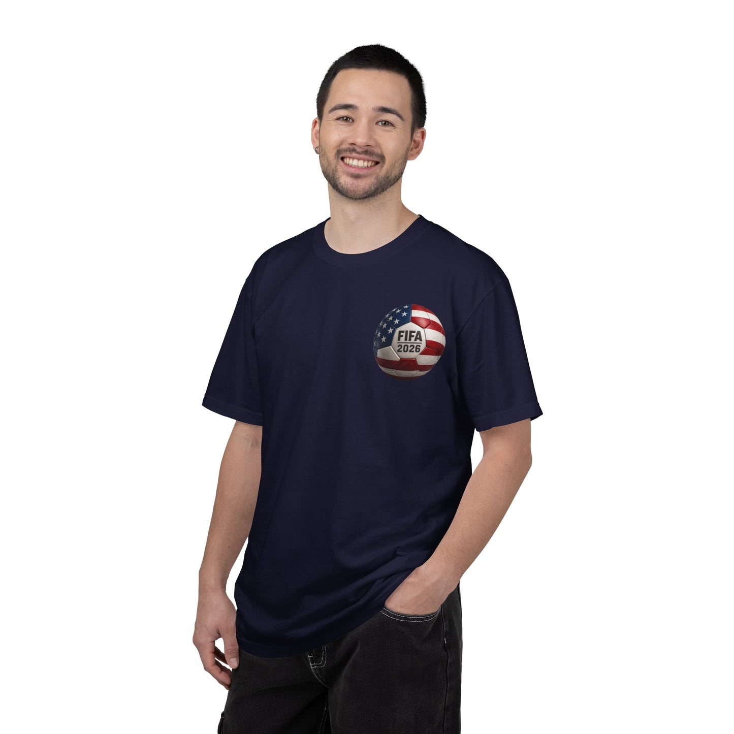 FIFA 2026 World Cup Soccer T-Shirt — USA/Mexico/Canada Flags & Trophy