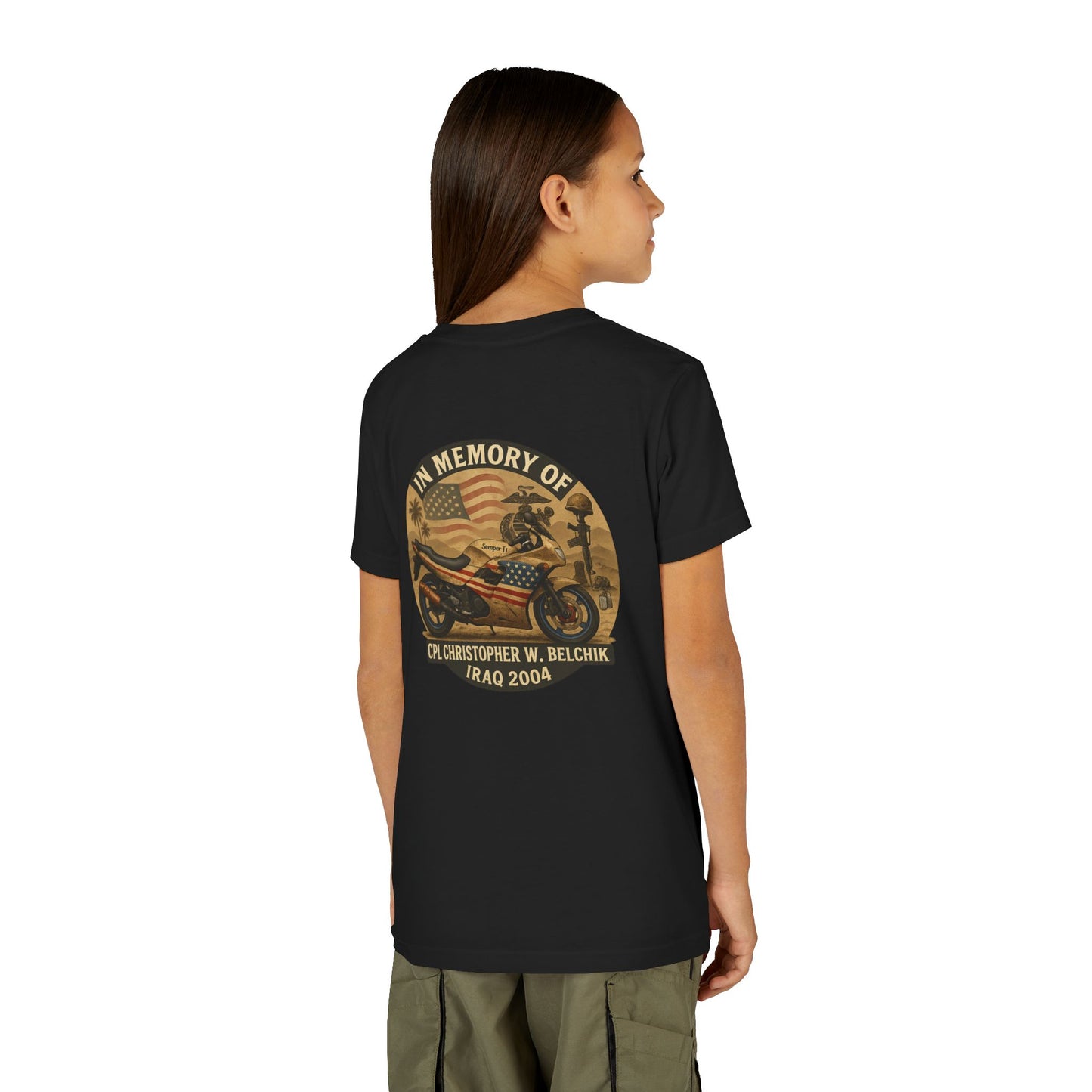 Cpl. Christopher W. Belchik Memorial Tribute Youth Tee, Black Graphic Shirt, Honor Veterans, Motorcycle Design, Gift for Kids, Perfect for Remembrance