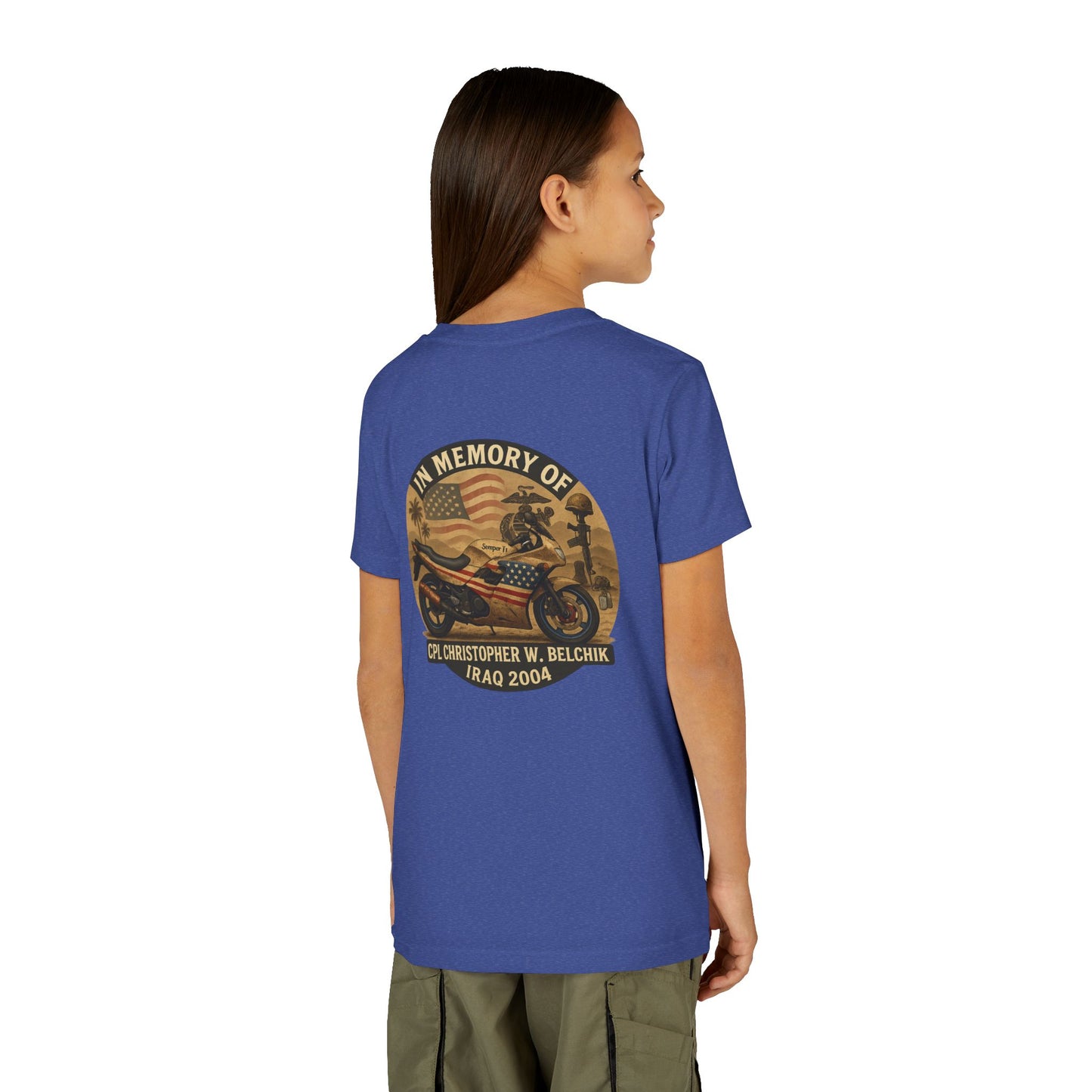 Cpl. Christopher W. Belchik Memorial Tribute Youth Tee, Black Graphic Shirt, Honor Veterans, Motorcycle Design, Gift for Kids, Perfect for Remembrance