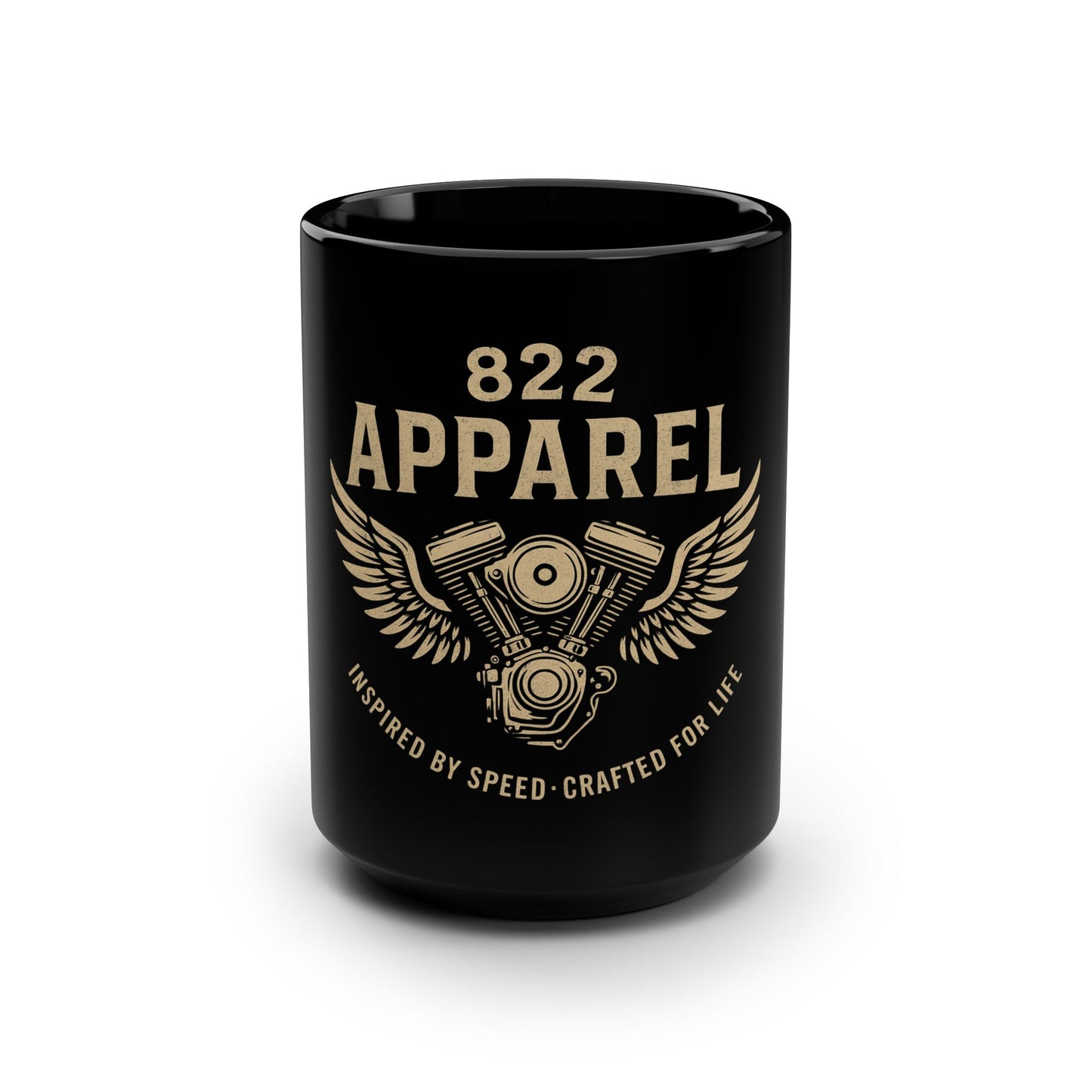 Motorcycle Enthusiast Mug - 15oz Black Coffee Cup with Vintage Wings Design