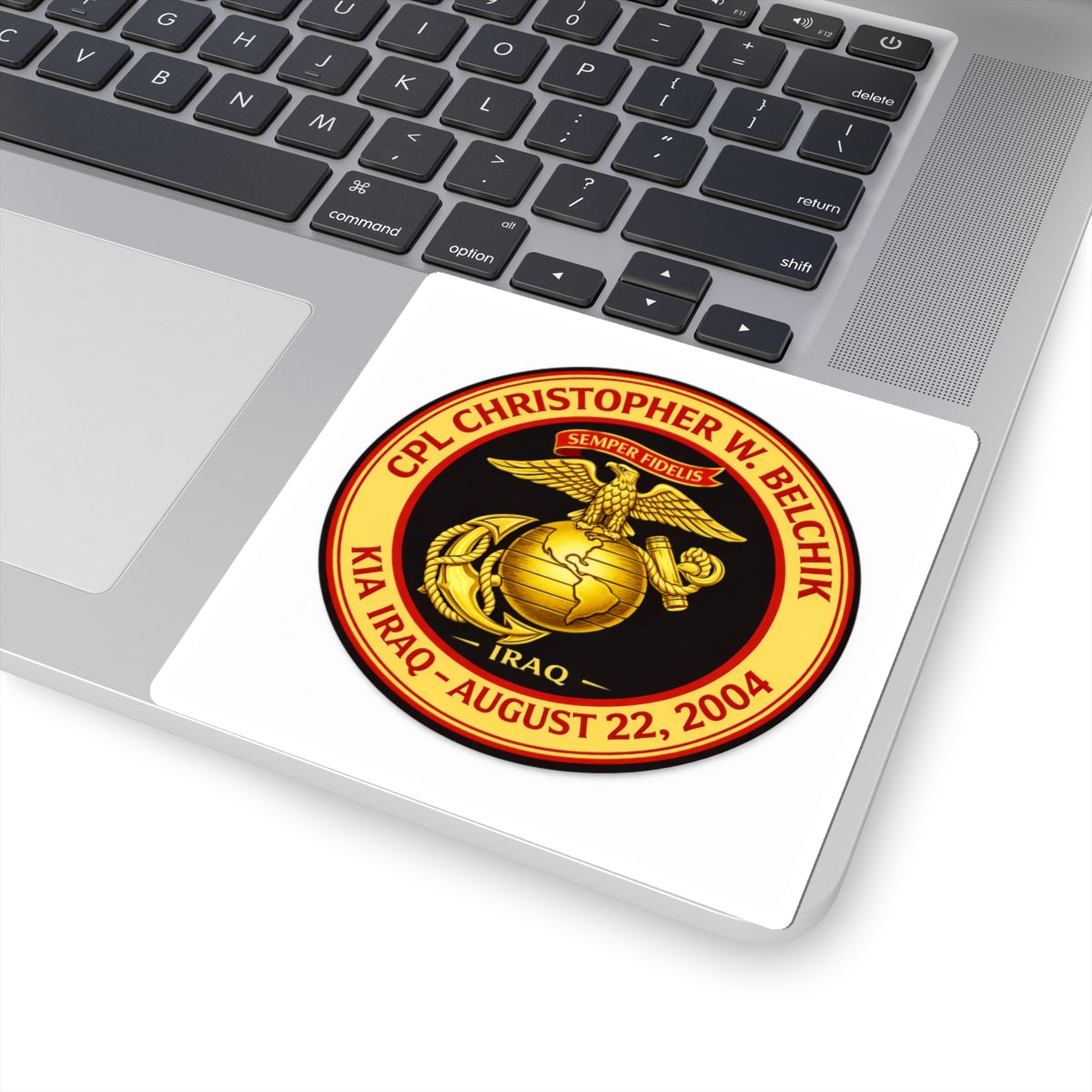 Kiss-Cut Sticker — Memorial USMC Emblem: CPL Christopher W. Belchik, KIA Iraq Aug 22, 2004