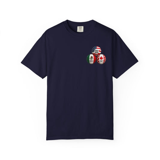 World Cup 2026 T-Shirt – FIFA Trophy with Mexico & Canada Flags