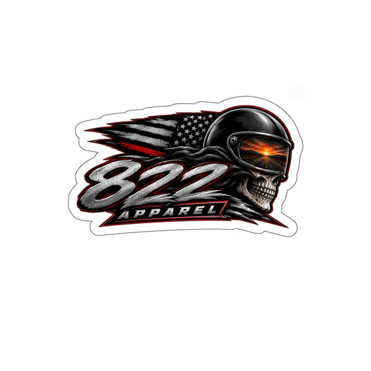 822 Apparel Skull Helmet Die-Cut Sticker — Biker American Flag Decal