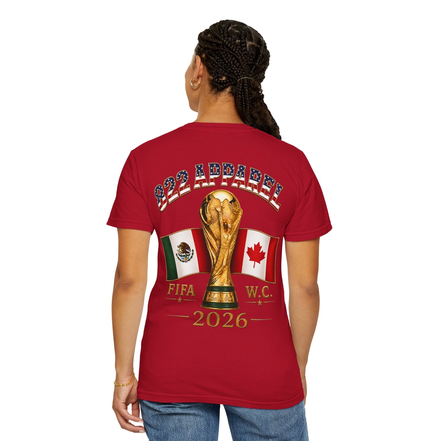 FIFA 2026 World Cup Soccer T-Shirt — USA/Mexico/Canada Flags & Trophy