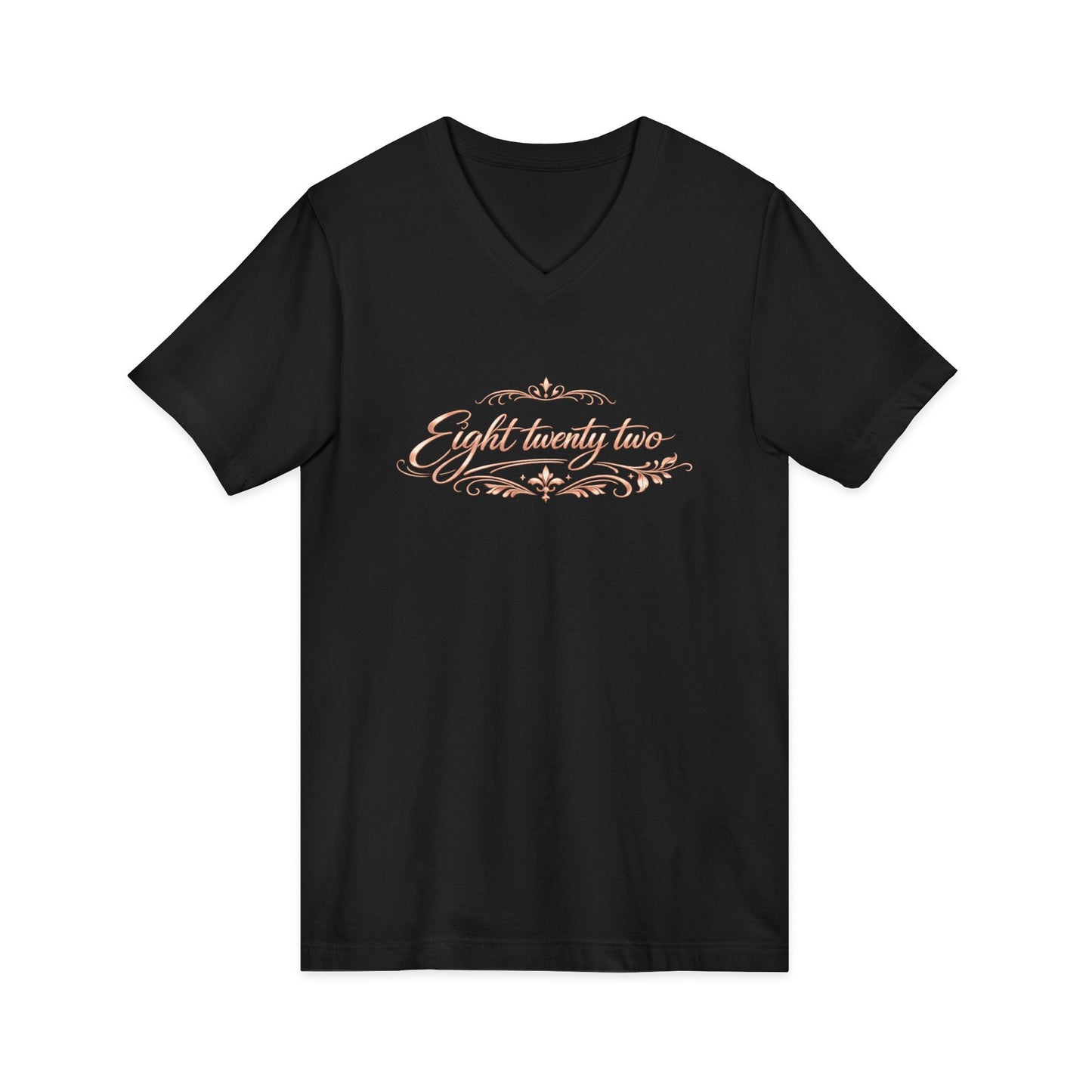 V-Neck Tee “Eight Twenty-Two” Script — Minimal Rose Gold Date Shirt