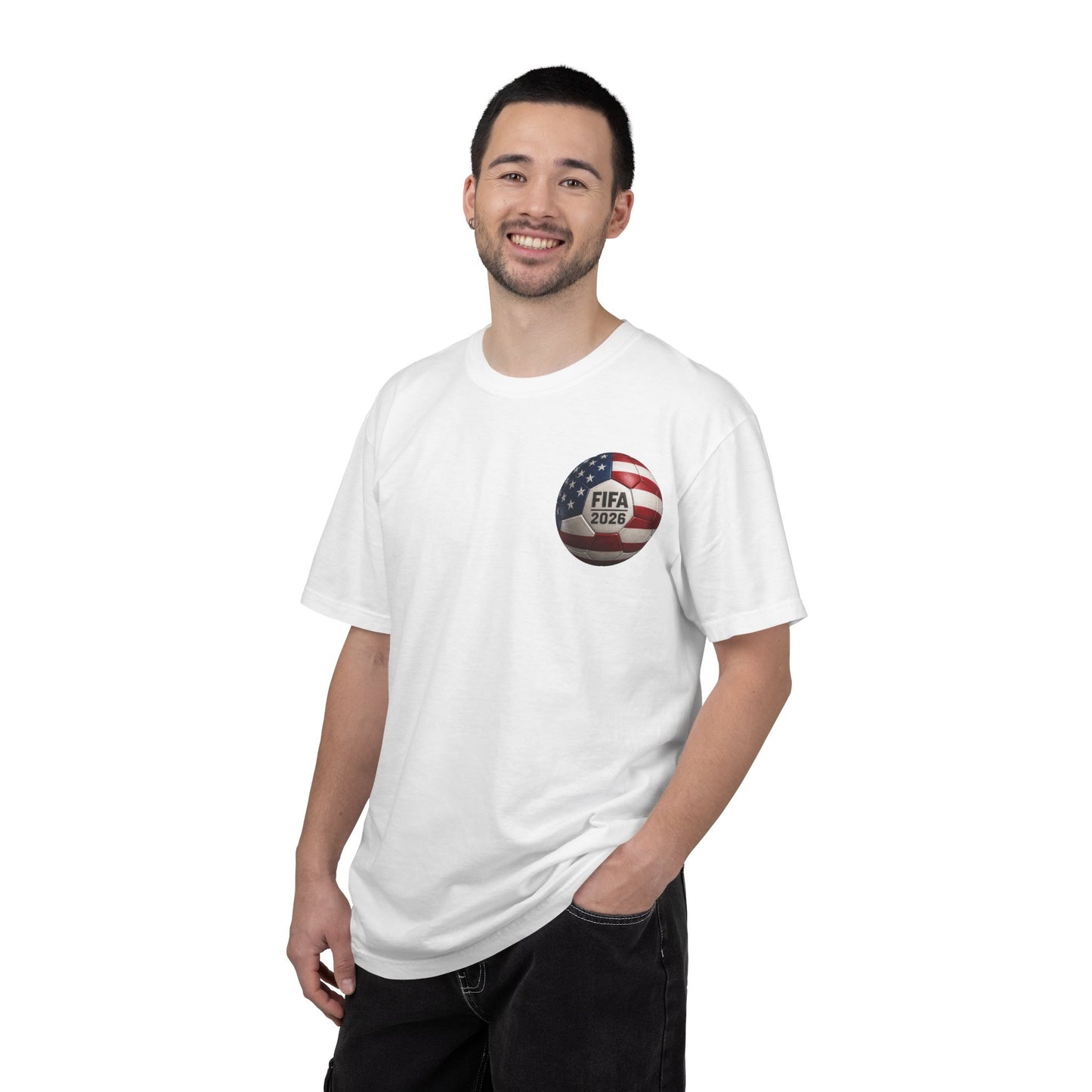 FIFA 2026 World Cup Soccer T-Shirt — USA/Mexico/Canada Flags & Trophy
