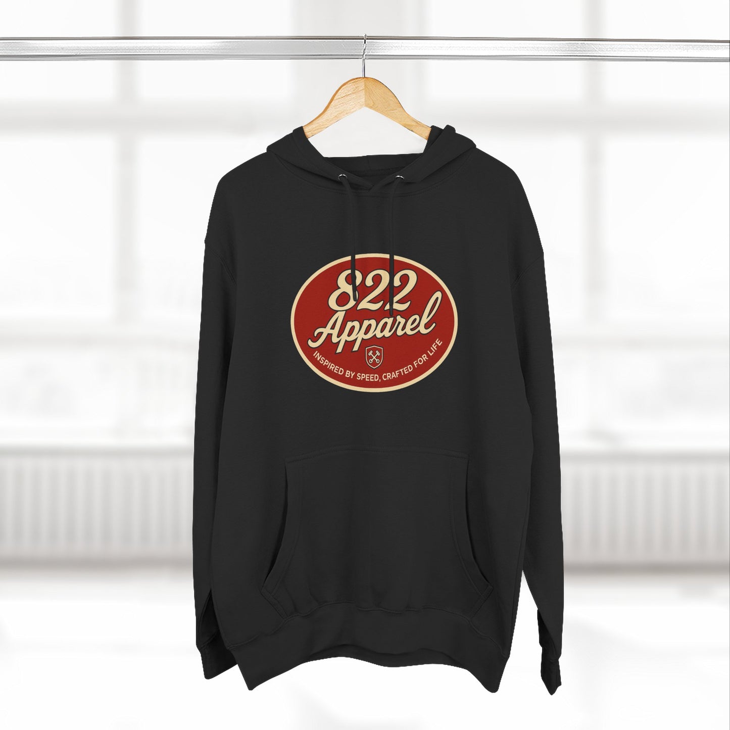 Cozy Three-Panel Fleece Hoodie with Retro 822 Apparel Design
