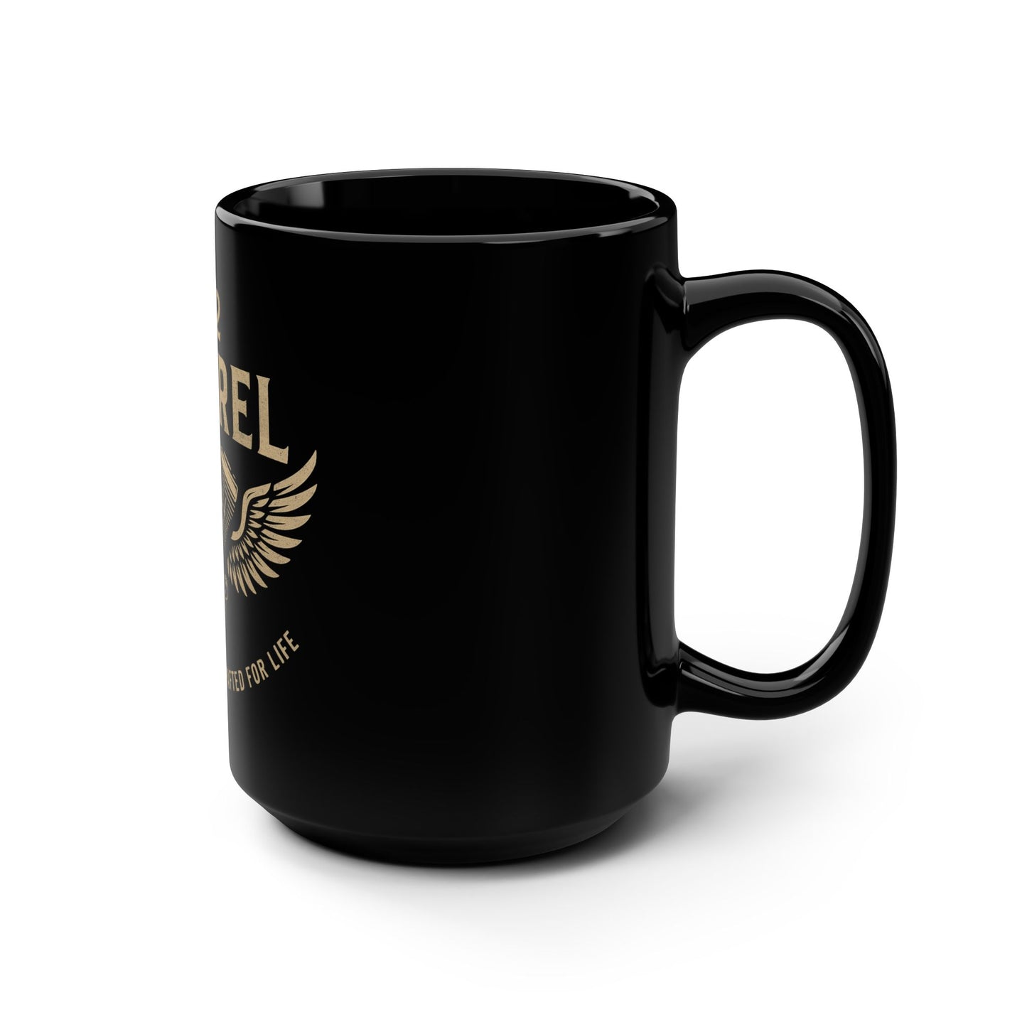 Motorcycle Enthusiast Mug - 15oz Black Coffee Cup with Vintage Wings Design