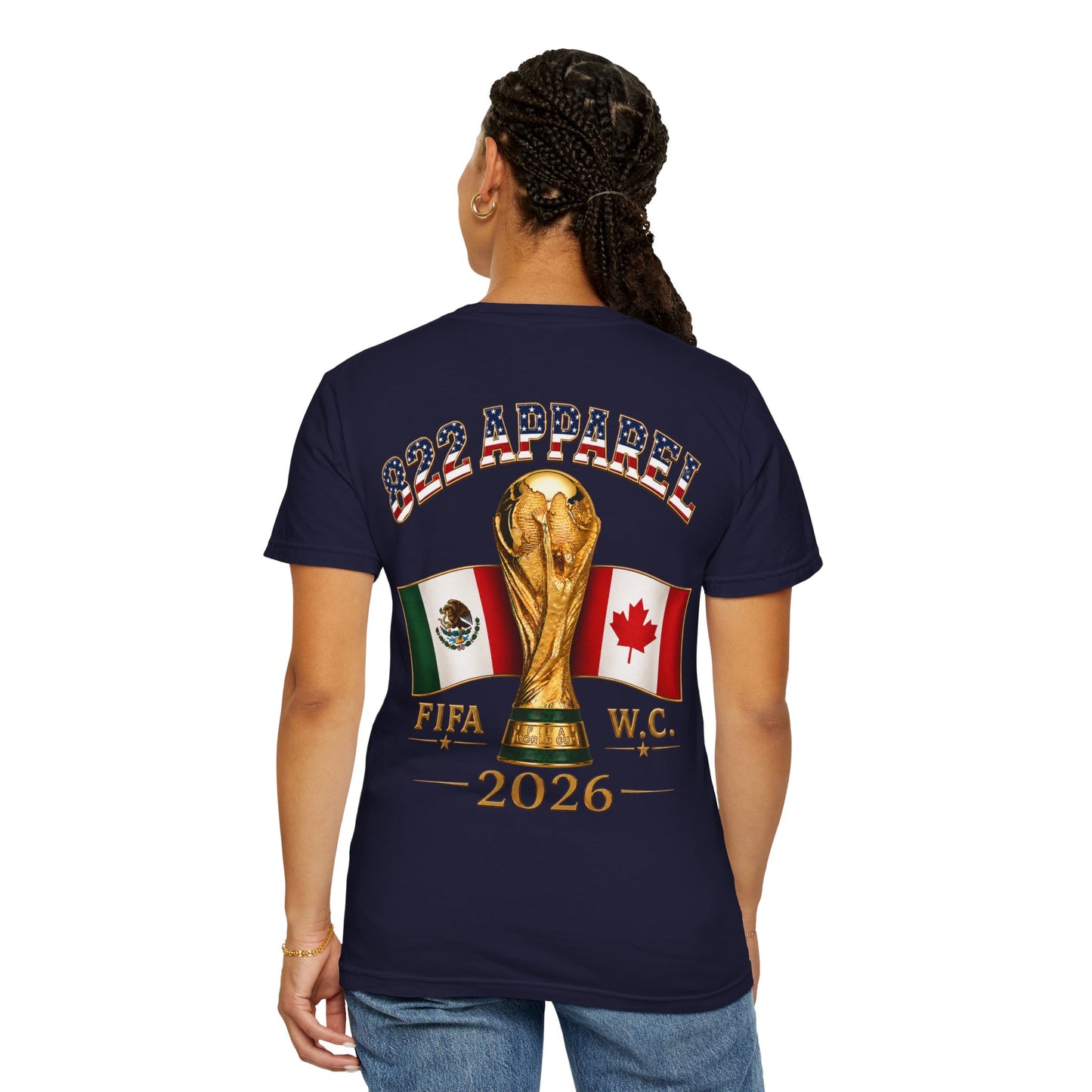 FIFA 2026 World Cup Soccer T-Shirt — USA/Mexico/Canada Flags & Trophy