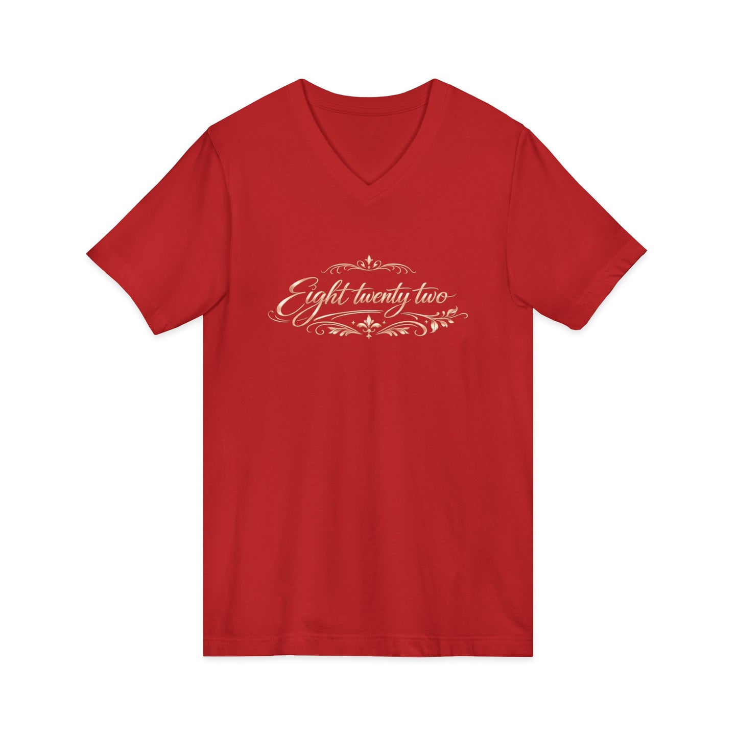 V-Neck Tee “Eight Twenty-Two” Script — Minimal Rose Gold Date Shirt