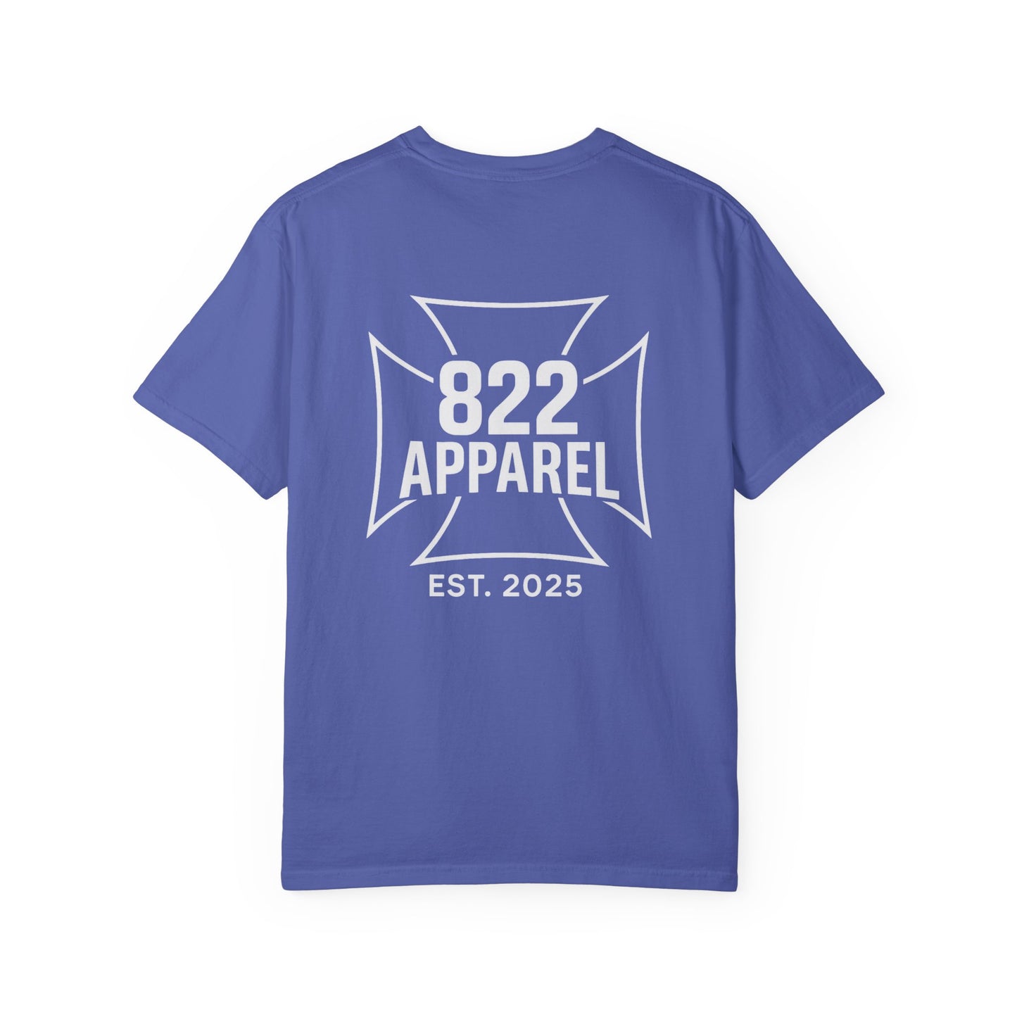 822 Apparel T-Shirt — Bold Maltese Cross Graphic, "Est. 2025" Back Print
