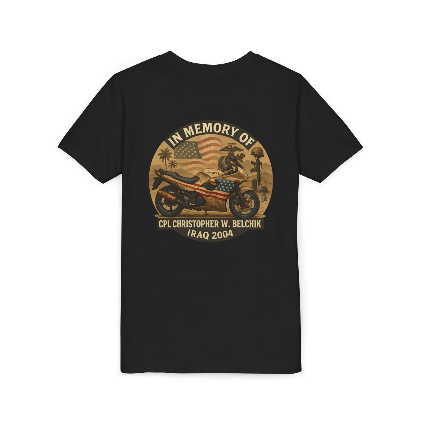 Cpl. Christopher W. Belchik Memorial Tribute Youth Tee, Black Graphic Shirt, Honor Veterans, Motorcycle Design, Gift for Kids, Perfect for Remembrance